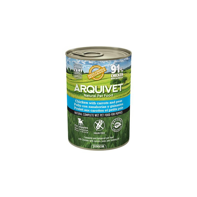 Pâtée pour chiot Arquivet, aliment humide Junior - Poulet aux carottes, pois et huile de saumon - 400g